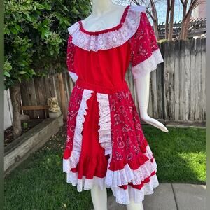 Vtg Red & White  Country Western Cowgirl Square Dancing 2 Piece Top & Skirt